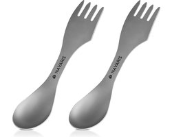 Navaris 2x spork titanium campingbestek - Vork, mes en lepel in één - Bestek voor onderweg en op reis - Lichtgewicht - Inclusief bewaarzakje