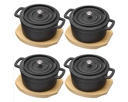 Navaris 4-delige gietijzeren ovenschaal set met deksel en houten onderzetter – kleine gietijzeren pan geschikt voor oven, grill en inductie
