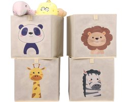 Navaris 4x dieren speelgoed opbergdozen - Compatibel met Kallax kast - Stevige speelgoedmand - Kinder opbergmand - Stoffen opbergbox met dieren print