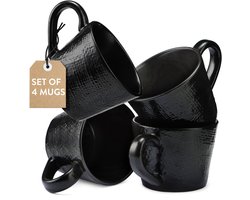Navaris aardewerk mokken voor 4 personen - Elegante 4-delige kopjes set - Stapelbare drinkmokken - Magnetron- en vaatwasserbestendig - Antraciet