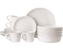 Navaris aardewerk servies voor 4 personen - Serviesset 16-delig met kopjes - Compact en stapelbaar bordenset - Magnetron en vaatwasserbestendig - Wit