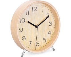 Navaris analoge stille ronde klok - Geruisloze ronde houten klok voor op bureau, tafel, balie, plank - Lichtbruine mantelklok