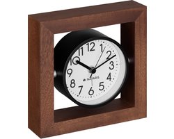 Navaris analoge vierkant houten klok - Geruisloos voor op het bureau, de tafel, of in de kast - Donkerbruin met witte klokplaat