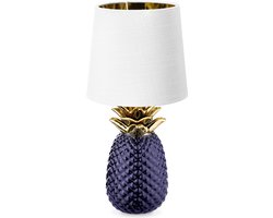 Navaris ananaslamp - Ananas tafellamp met keramieken voet en stoffen lampenkap - Pineapple lamp - 35 cm hoog - Paars/Wit