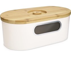 Navaris broodtrommel met bamboe deksel - Voor opslag van brood - Met snijplank en doorzichtig kijkvenster - Crèmekleurige vintage stijl brooddoos