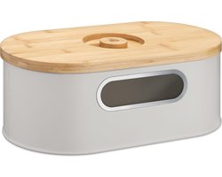 Navaris broodtrommel met houten deksel - Broodbox met snijplank als deksel - Ovale opbergbox met inkijk - 34,2 x 18,6 x 13 cm - Taupe