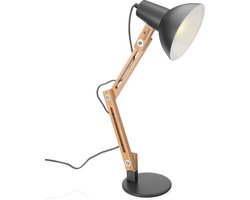 Navaris bureaulamp met houten standaard - Design lamp - Retro tafellamp - In hoogte verstelbaar en kantelbaar - Met E27 fitting - Donkergrijs