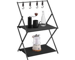 Navaris camping etagère 2 laags - Camping rek - Met 4 haken - 47 x 35 x 70 cm - Opvouwbaar - Te gebruiken bij de picknick en tijdens kamperen - Zwart