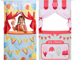 Navaris dubbelzijdig hangend deur theater - 128 x 78 cm - Poppenkast en speelgoed ijskraam - Met uitschuifbare gordijnroede - Kinderspeelgoed