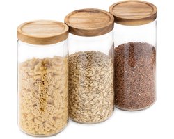 Navaris glazen voorraadpotten 950 ml - Set van 3 luchtdichte voedselbakjes met houten deksels - Stapelbaar cilinderbus ontwerp voor droge etenswaren