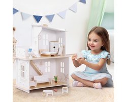 Navaris houten poppenhuis met accessoires - 2 verdiepingen met speelgoed meubels - Poppen huis met 2 kamers en balkon - 57 x 45 x 22,5 cm - Doll house