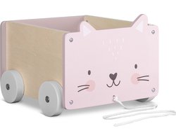 Navaris houten speelgoedkist op wielen - Opbergbox voor speelgoed - Inclusief touw om te trekken - Kist van hout - Kat 25,5 x 24 x 20 cm - Roze