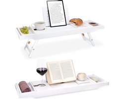 Navaris inklapbaar dienblad van bamboe - Houten ontbijt-op-bed-dienblad- Verstelbare lengte 75-108 cm - Voor op bed in en in bad - Wit