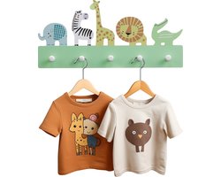 Navaris kapstok voor de kinderkamer - Kledinghaken voor aan de wand - Kinderkapstok met 5 haken - Mdf Kledinghanger - Safari dieren