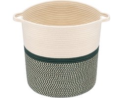 Navaris katoenen touwmand met handvatten - 45 cm diameter x 38 cm hoogte opbergmand voor wasgoed, dekens - Donkergroen/gebroken wit