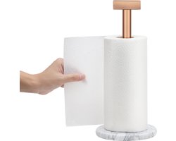 Navaris marmeren keukenrolhouder - Keukenrolhouder staand - Antislip onderkant - Voor in de keuken - Staal - Rosé goud en zwart wit marmer
