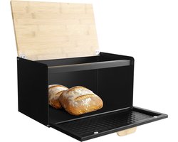 Navaris metalen brooddoos met bamboe deksel - 35,5 x 19,5 x 21,5 cm - Brood opbergbox met opening aan 2 kanten - Broodtrommel keuken - Zwart