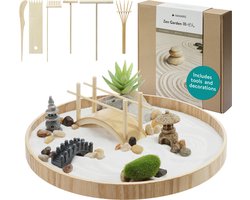 Navaris mini Japanse zen tuin - Met stapelbare stenen - Compleet met accessoires en harken set - Verminder stress - Ronde schaal met wit zand