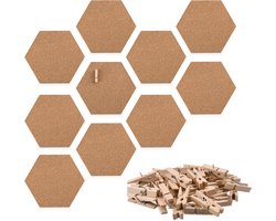 Navaris prikbord van kurk - 10 tegels zeshoekig - Kurken wandbord - Inclusief 50 houten punaises - 15 x 17 cm - Zelfklevend