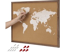 Navaris prikbord van kurk - Wandbord met punaises - 70 x 50 cm - 3 mm kurk - Wanddecoratie voor kantoor of studeerkamer - Met montageset - Wereldkaart