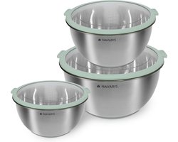 Navaris roestvrijstalen mengkom - Set van 3 kommen met deksel - Antislip keukenschalen - Mintgroen