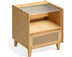 Navaris rotan nachtkastje gecanneleerd glas - 40 x 42 x 49 cm - Makkelijk in elkaar te zetten - Nachtkast met lade - Met ruimte voor kabels - Bruin