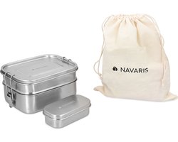 Navaris RVS broodtrommel 3 stuks - 3-delige set - Meal prep bakje - Vershouddoos - Dubbele lunchbox - Vaatwasbestendig