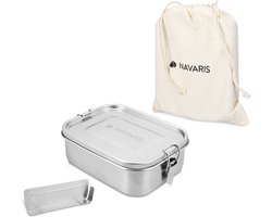 Navaris RVS broodtrommel met verdeler - Meal prep bakje - Vershouddoos - Lunchbox - 17 x 13 x 6 cm - Inhoud 0,8 liter - Vaatwasbestendig