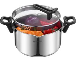 Navaris rvs kookpan 5,3 liter - 28 x Ø25 x 27 - Rvs pan met glazen deksel met vergiet - Soeppan met twee schenktuiten - Deksel met lepelhouder - Rvs