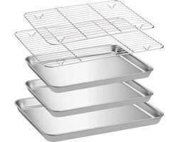Navaris set van 3 bakplaten met afkoelrooster - 1 bakplaat 40 x 30 cm - 2x braadslede 31 x 24,5 cm - Bakplaat oven - Roestvrijstaal - Zilver kleur