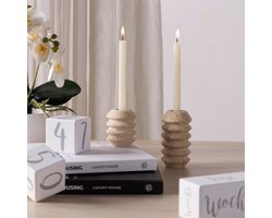Navaris set van twee kaarsenhouders - Kaarsenstandaard van marmer - Dinerkaars houder - 11 x 6 cm en 7 x 6 cm - Modern en decoratief - Beige marmer