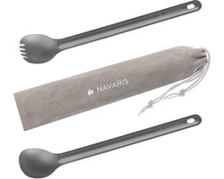Navaris spork en lepel met extra lange handgreep - Campingbestek van titanium - Bestek voor onderweg - Lichtgewicht - Inclusief bewaarzakje