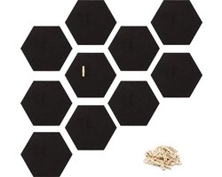 Navaris zeshoekig prikbord van kurk - Set van 10 zelfklevende tegels - Inclusief 50 houten punaises - 15 x 17 cm wandbord in zwart