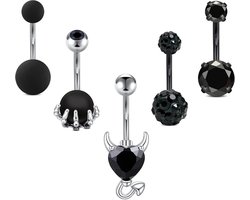 Navelringen set van 3 stuks in zwart, zilver en roségoud van chirurgisch staal