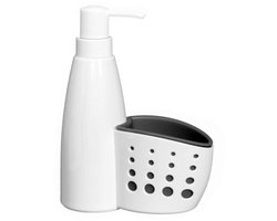 Navulbare zeepdispenser - 300 ml - wit met grijze accenten - polypropyleen - 16 cm x 21 cm x 7,5 cm