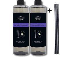 Navulling Lavendel Jasmijn - Geurstokjes Navulling Set van 2 + 5 Geurstokjes - Geurverspreider - Luchtverfrisser - Huisparfum - 400ml x 2