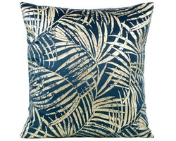 Navy Blauwe Kussenhoes van Velours met Gouden Bladeren 45x45 cm