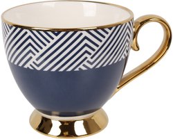 Navy blauwe porseleinen mok met gouden oor 445ml