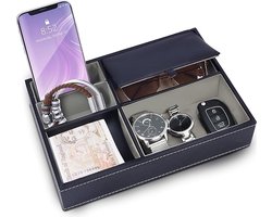 Navyblauwe Faux Lederen 5 Compartimenten Dressoir/Nachtkast Organiser Tray – Bureau Opslag Doos voor Beurs, Telefoon, Sleutels, Sieraden, Mannen Accessoires, Geld, Manchetknopen