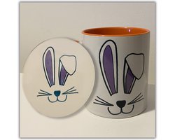 NB! Creative Boutique: Bunny Orange & Purple Coaster & Mug set / Set van onderzetter & mok konijn oren