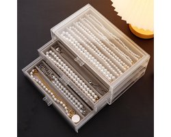 Necklace Storage Box, Acrylic Necklace Organizer Box with Velvet Tray, Dustproof Chains Holder Display Case for Women and Girls (Gray, 3 Drawers)
