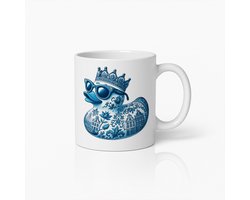 Nederlandse Rubber Eend Koffiemok – Delfts Blauwe Stijl Beker met Kroon en Zonnebril – Leuk Cadeau voor Thuis en Kantoor
