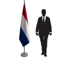 Nederlandse vlag met standaard - witte marmeren voet - zilverkleurige telescopische mast tot 3 m - luxe vloervlag