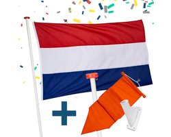 Nederlandse vlag met vlaggenstok voor aan huis - Vlaggenstokhouder - Nederlandse Vlag - Oranje Wimpel - Complete Vlaggenset - Koningsdag