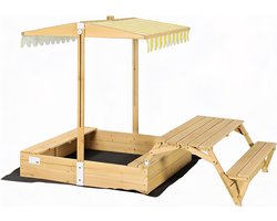 needs&wants® Houten zandbak met picknicktafel en dak, bankjes en afdekking, kinderzandbak met scharnierend deksel, UV-zonbescherming, vierkante zandbak voor tuin en buitenspeelplaats, 185x110 cm, geel wit bruin