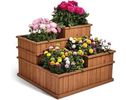 needs&wants® Multi verhoogde bak met 4 vierkante houten plantenbakken voor tuin, balkon, terras, 4-zits plantenbak, lage bloembak met folie, 81 x 81 x 61 cm, bruin