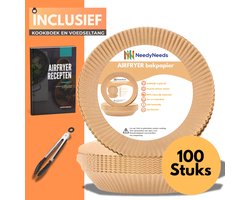 NeedyKitchen® Airfryer Bakpapier - Airfryer Accessoires - 100 Stuks - Geschikt voor Airfryer XL en XXL - Bakpapier - 20-23 cm - Inclusief Kookboek en Voedseltang
