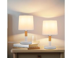 NEETLIFE Tafellamp Hout E27 - 2 Stuks - Wit - met Stoffen lampenkap - Moderne Nachtlamp - Landelijke Stijl Nachtlamp - voor Eetkamer | Landelijk | Slaapkamer | Restaurant