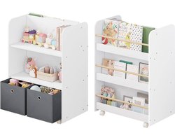 Néos® Kinderboekenkast- 2 in 1 kindermeubel - Met Wielen - Meervoudige Opslag - MDF en stoffen dozen - Wit - 62.5x82.5x40cm