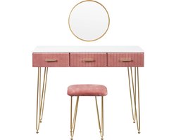 Néos® Moderne Kaptafel - met Spiegel en Kruk - 3 Laden - Roze/Grijs - Hout - 100x77.5x40cm